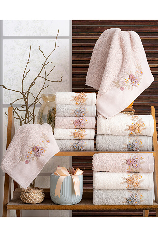 Buldan Production Dowry Embroidered Eyşan Cotton 6-Piece Hand/Face Towel I 50X90
