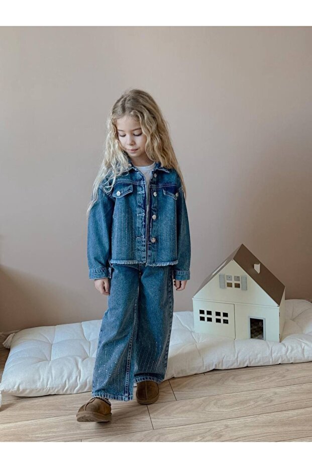 Girls' Denim Jacket and Denim Pants Stone-Embellished Set