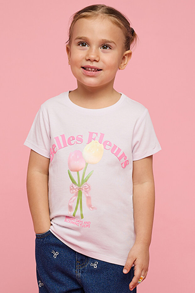 Girl's Purple Printed T-Shirt with Crew Neck and Short Sleeves