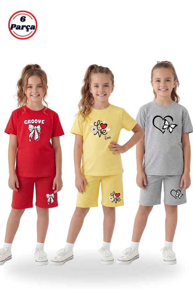 3-Piece Round Neck T-Shirt and Colorful Capri Pants with Print Detail 6-Piece Girls' Bottom and Top Set