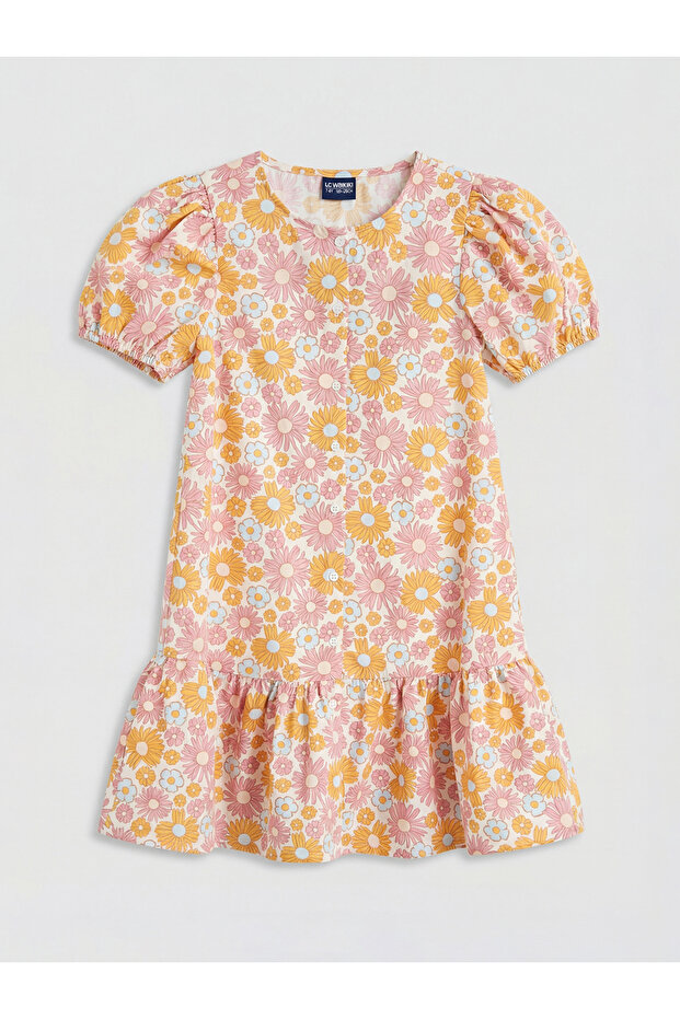 Nevavm Oval Collar Floral Patterned Girl's Dress with Difference