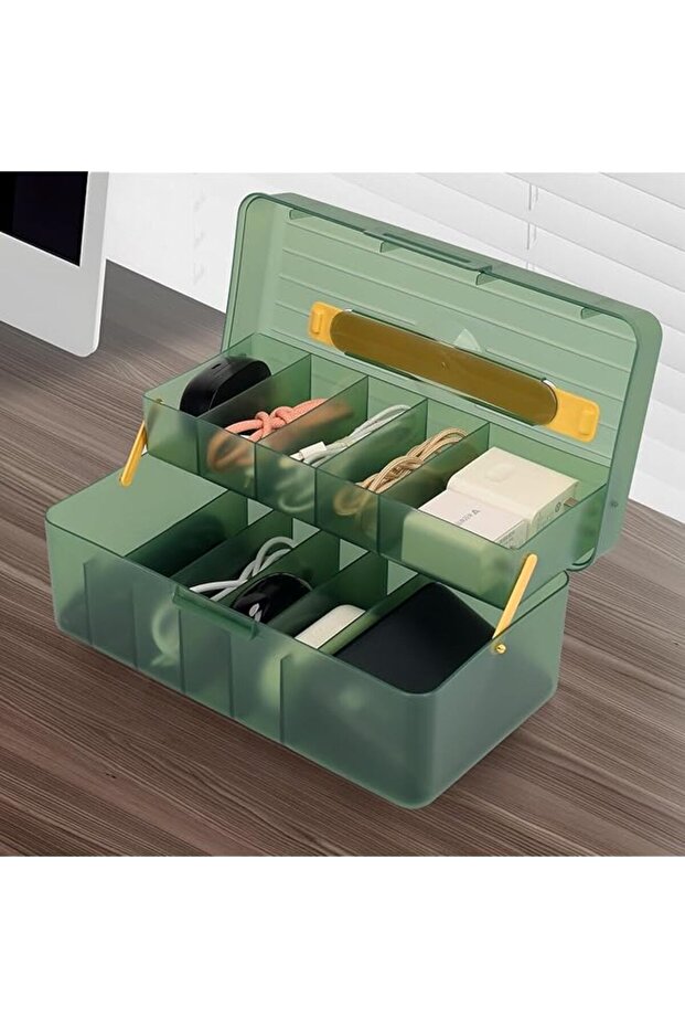 Data Cable Organizer Box with Handle,Double Layers Desktop Cable Management Box with Lid,Power C