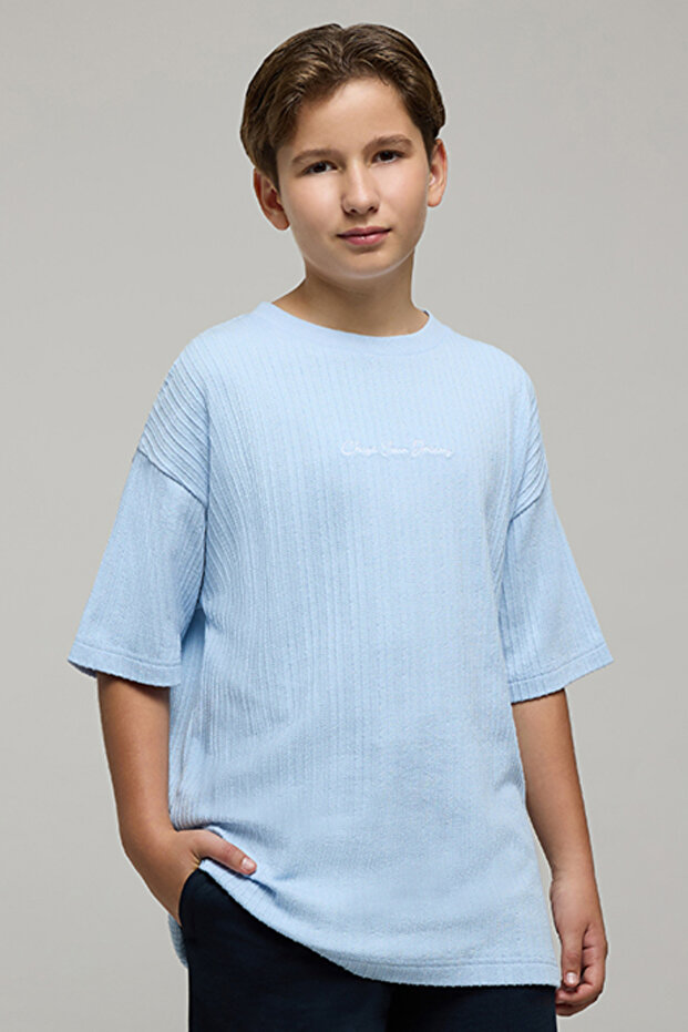 Boy's Blue Embroidered T-Shirt with Crew Neck and Short Sleeves