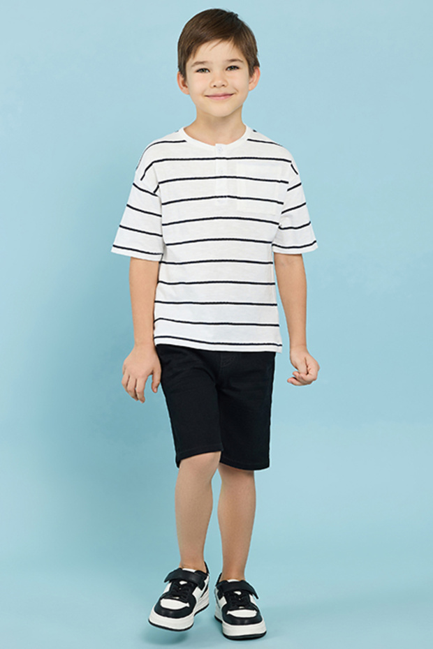 Boy's Cream Striped T-Shirt With Henley Neck And Short Sleeves