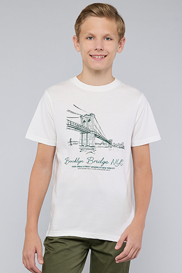 Boy's Cream Printed T-Shirt with Crew Neck and Short Sleeves