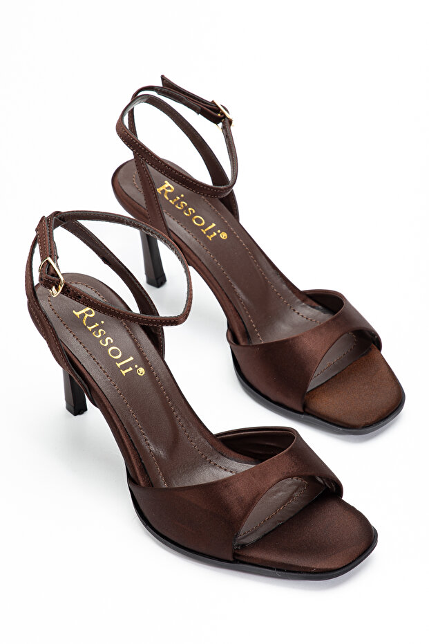 Brown Satin Ankle Strap Single Strap Short Heeled Women's Sandals