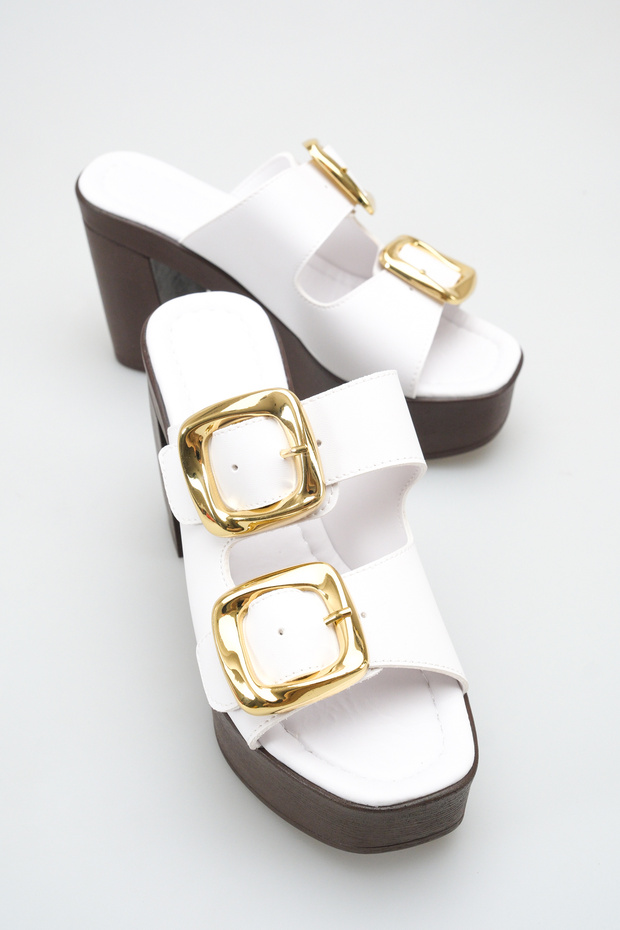 Lara Laurent White Women's Buckle Detailed Double Strap Stylish Comfortable Casual Platform High Thick Heeled Slippers