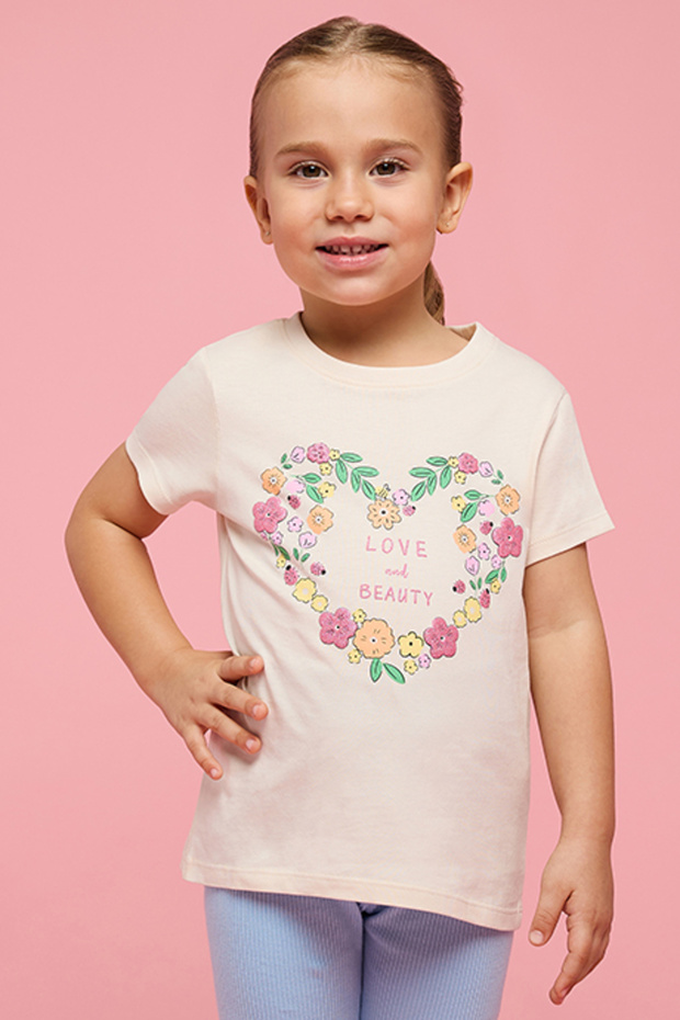 Girl's Beige Printed T-Shirt with Crew Neck and Short Sleeves