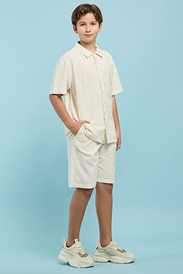 Boy's Beige Embroidered Shirt and Shorts Set