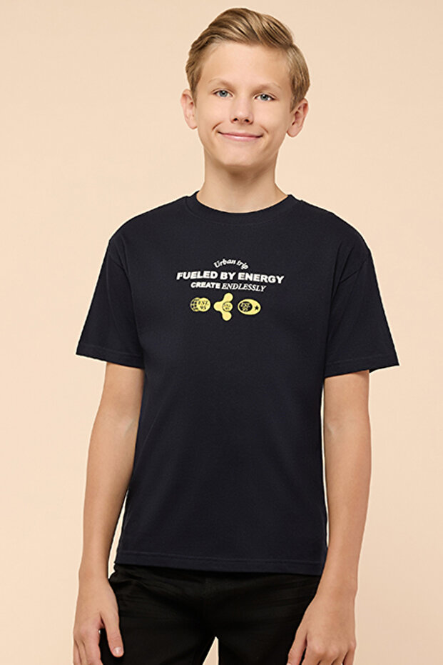Boy's Dark blue Printed T-Shirt with Crew Neck and Short Sleeves
