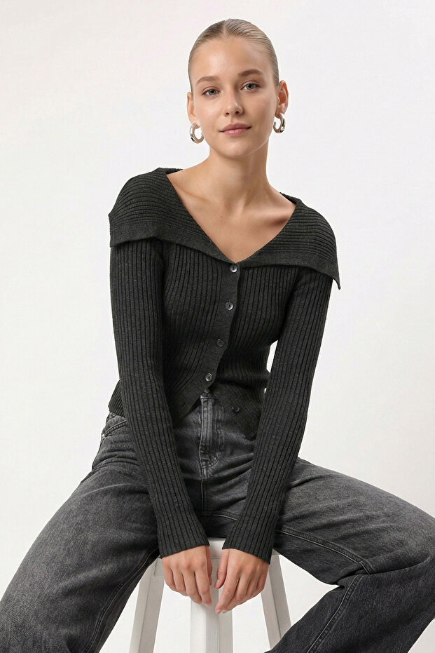 Women's Terra Corded Buttoned Anthracite Knitwear Cardigan