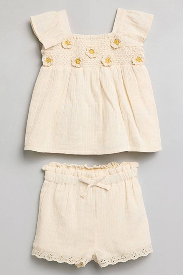 Girl's Beige Appliqued Top and Shorts Set