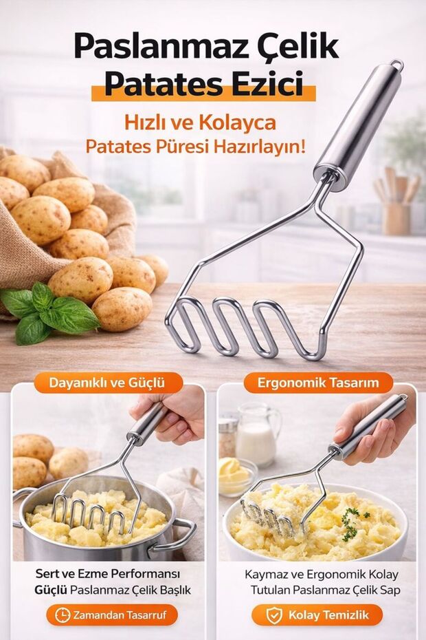 Practical 24 cm Luxury Stainless Metal Potato Masher| Potato Masher Mash Maker