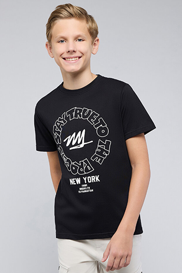 Boy's Black Printed T-Shirt with Crew Neck and Short Sleeves
