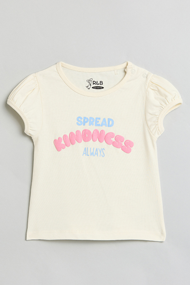 Girl's White Printed Top with Crew Neck and Puff Sleeves