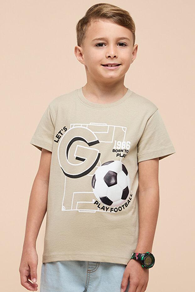 Boy's Gray Printed T-Shirt with Crew Neck and Short Sleeves