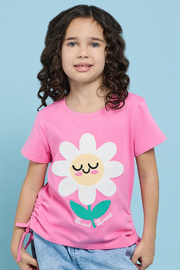 Girl's Pink Embroidered T-Shirt with Crew Neck and Short Sleeves