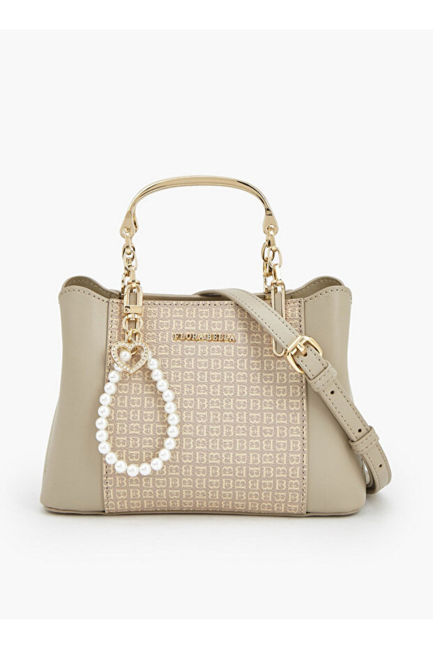 Floral Print Bag With Metallic Handles, Pearl Charm, And A Detachable Shoulder Strap
