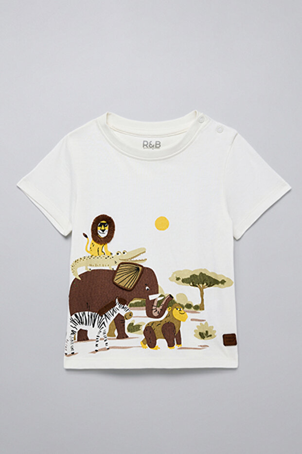 Boy's Cream Printed T-Shirt with Crew Neck and Short Sleeves