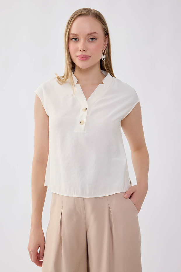 Buttoned Front V-Neck Blouse - 1