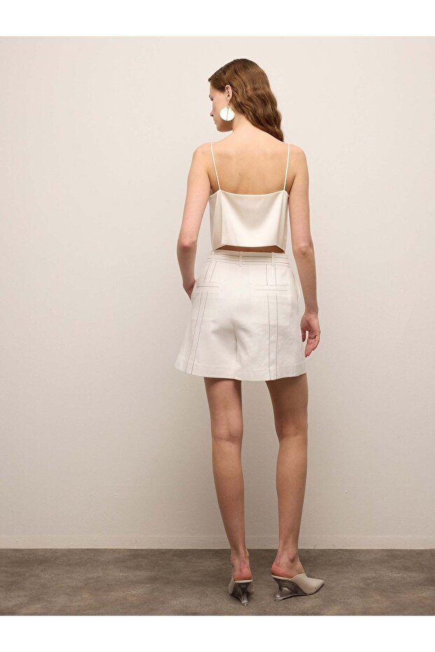 Kontrast Dikişli Beyaz Şort - 3