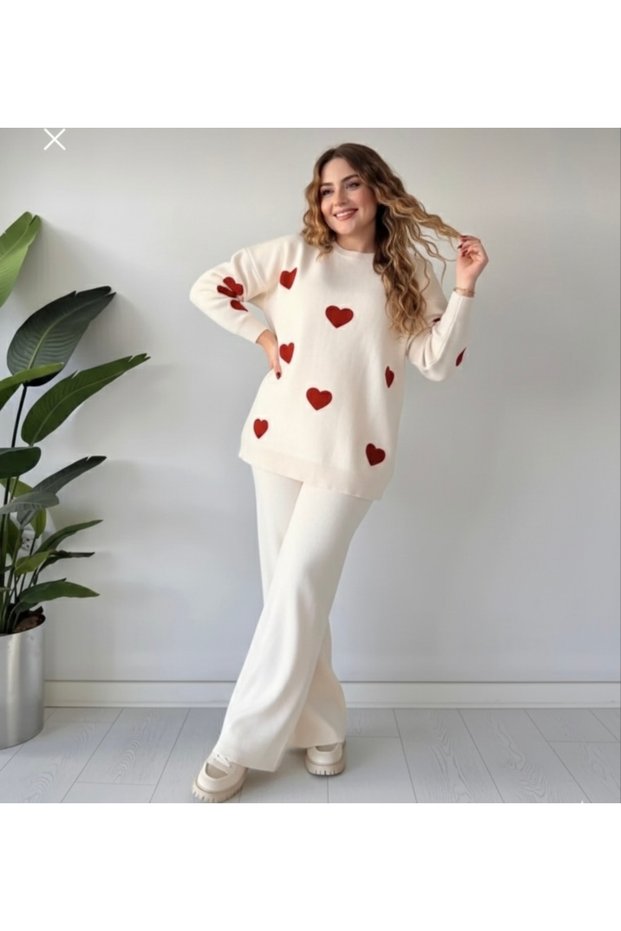 Hearted Sweater and Trousers Double Knitwear Set 3 Color Alternative Combinations Suitable for Size 36/42