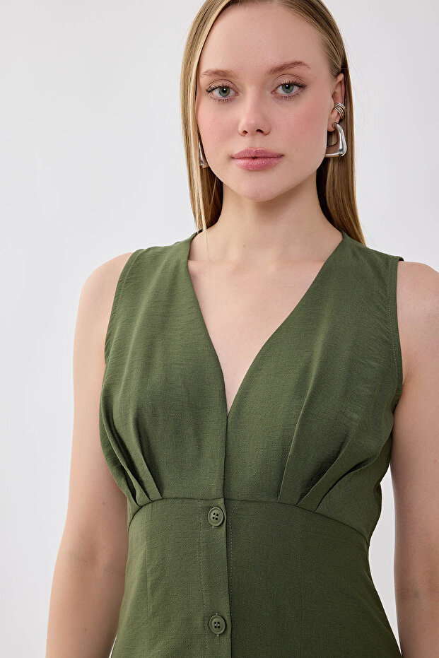 V-Neck Buttoned Dress - 4