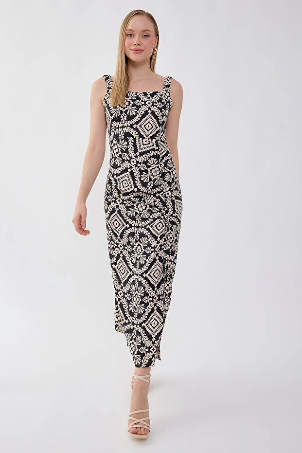 فستان مزين بنقوش ذاتية الصنع مع أربطة أمامية - 3