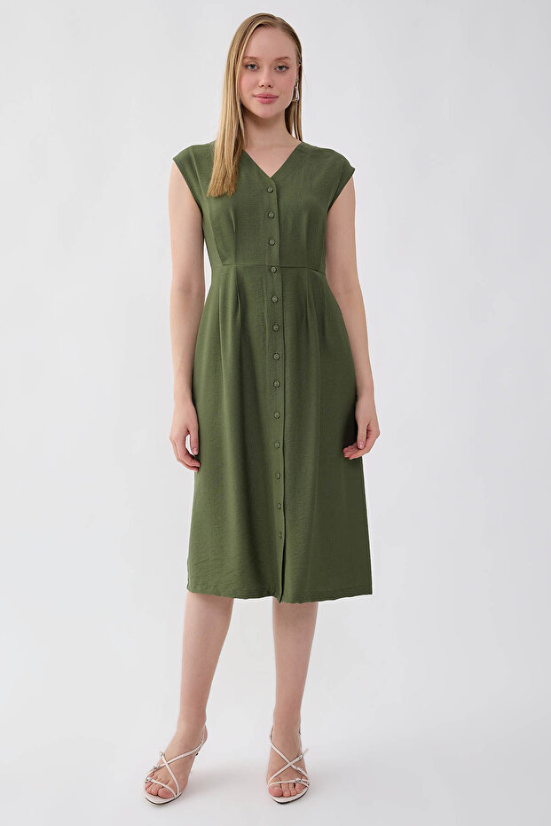 Düğmeli V Yaka Elbise - 1