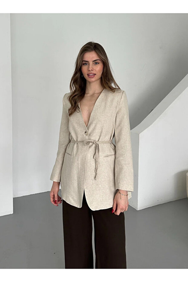 Beige Cotton Rope Belted Jacket - 7395