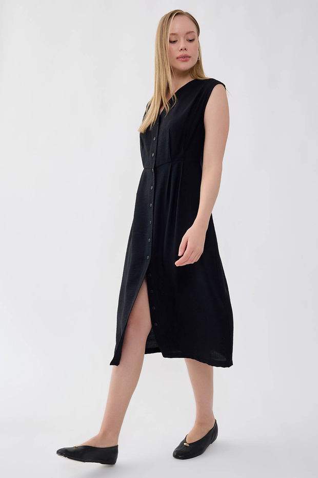 Düğmeli V Yaka Elbise - 4