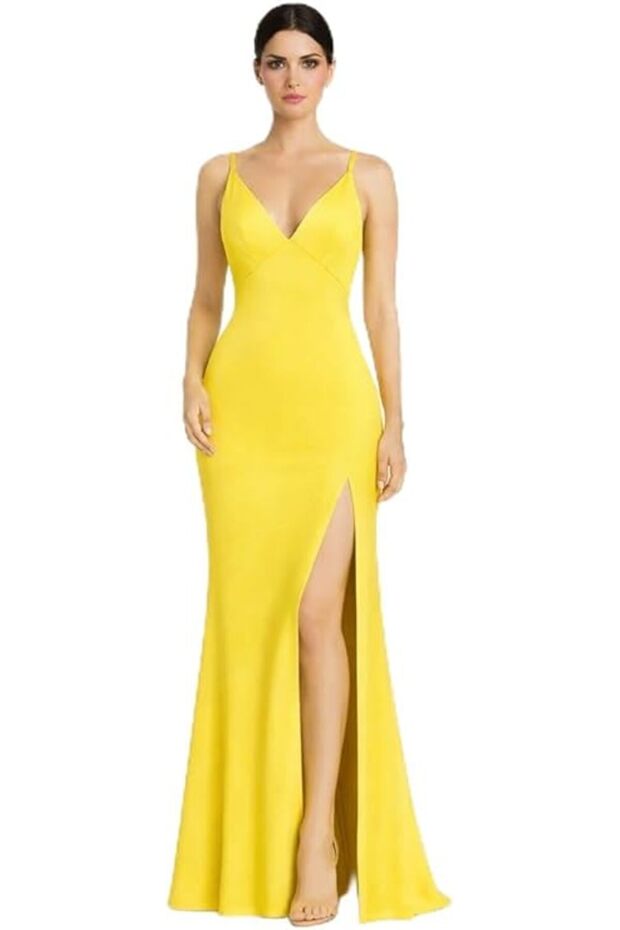 Women’s Elegant Maxi Evening Dress with Spaghetti Straps, V-Neckline and Front Slit