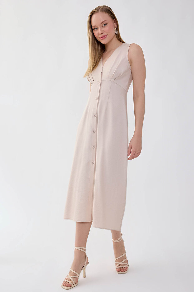 V-Neck Buttoned Dress - 2