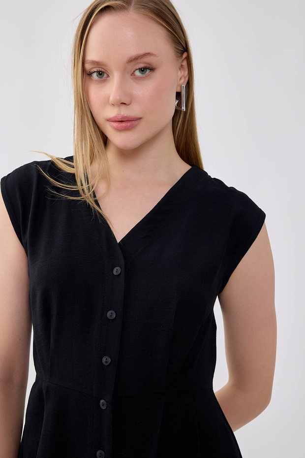 Düğmeli V Yaka Elbise - 6