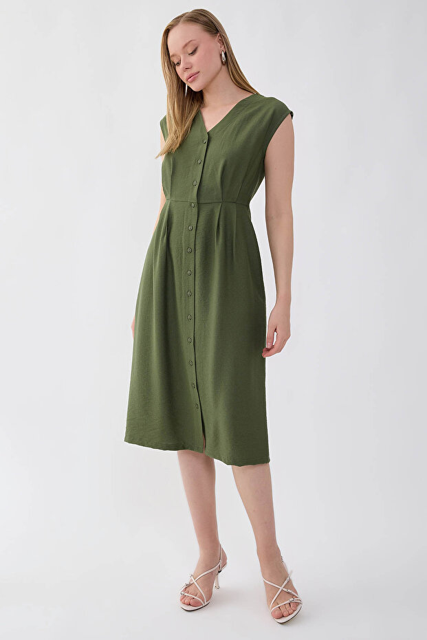 Düğmeli V Yaka Elbise - 3