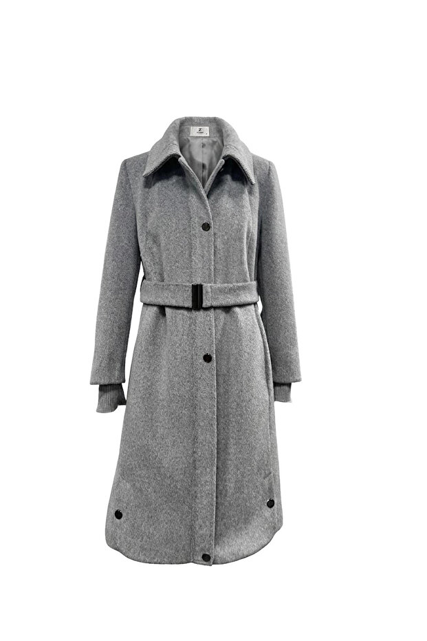 Wide Collar Belted Cashmere Gray Coat 14041