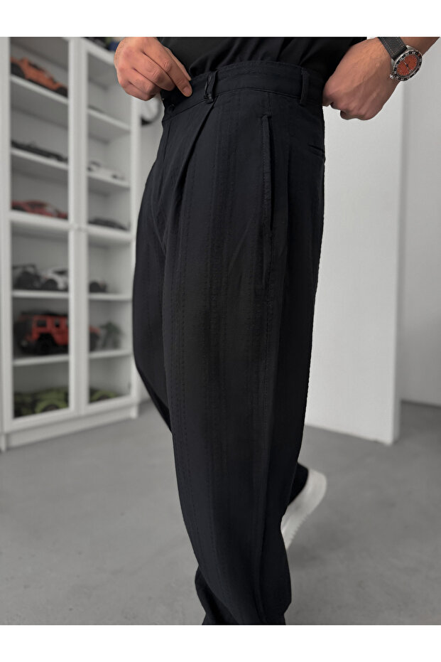 Siyah Örgü Şeritli Baggy Pantolon C-01 - 5
