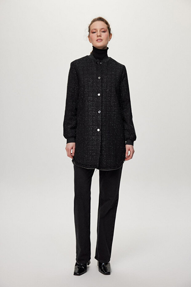 Crew Neck Silvery Textured Black Jacket 0193