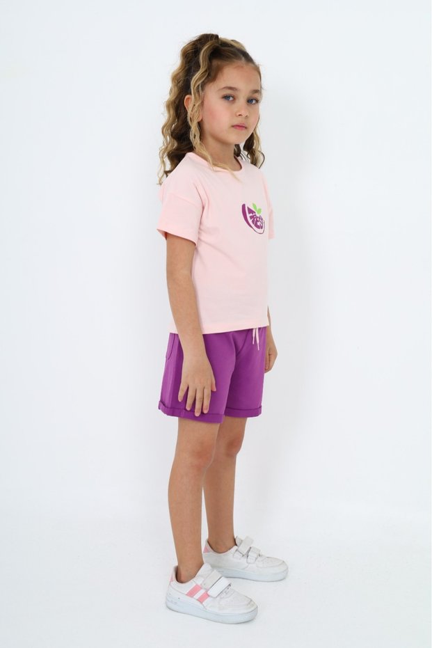 Girl's 2-Piece Set Printed Crew Neck T-Shirt & Elastic Waist Shorts