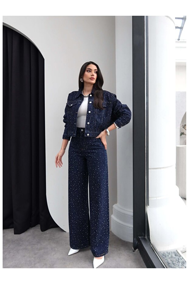 Stone Printed Denim Two-Piece Set
