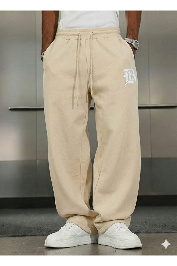 Beige 3 Thread Thick Winter Baggy Sweatpants | Oversize Relaxed Fit Regular Waist Wide-Minimal Print