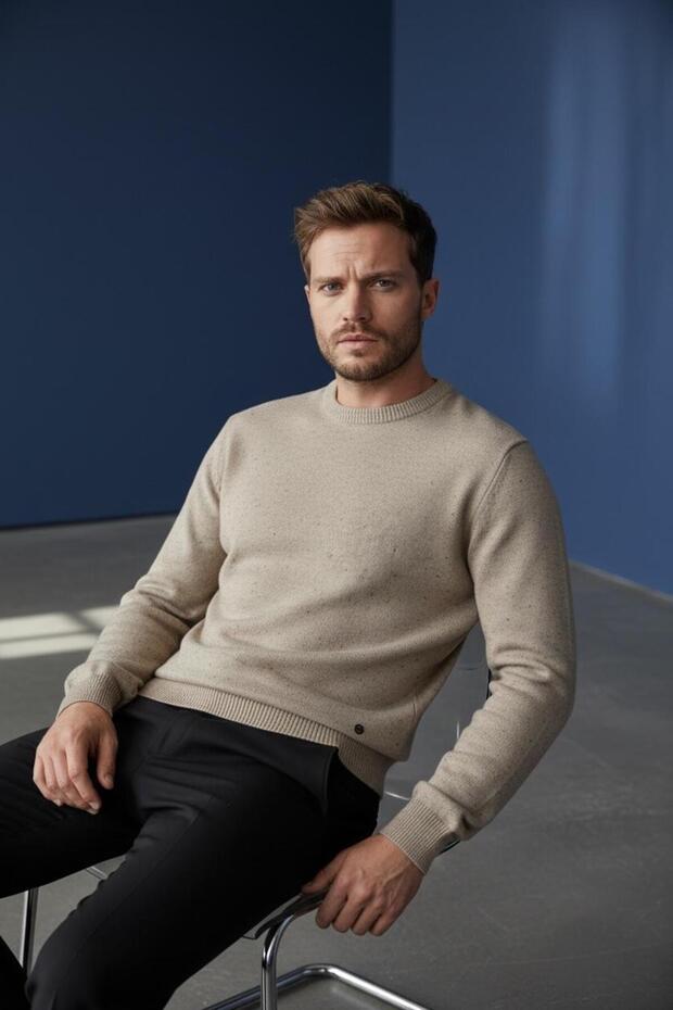 İnterview 0 Yaka Yünlü Kırçıllı Camel Triko Kazak - 6