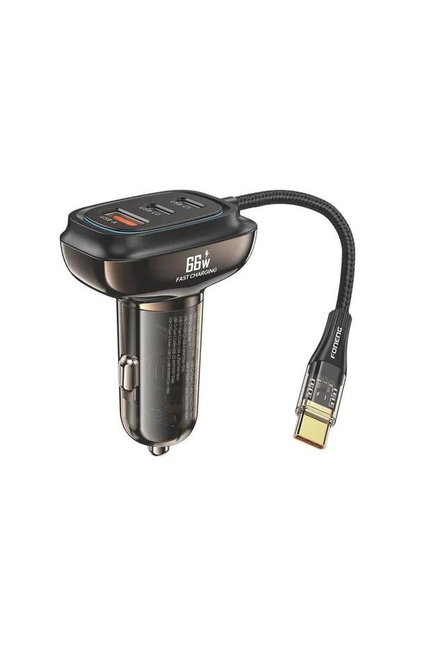 شاحن سيارة بثلاثة منافذ مع كابل USB-C بطول متر واحد، لون أسود