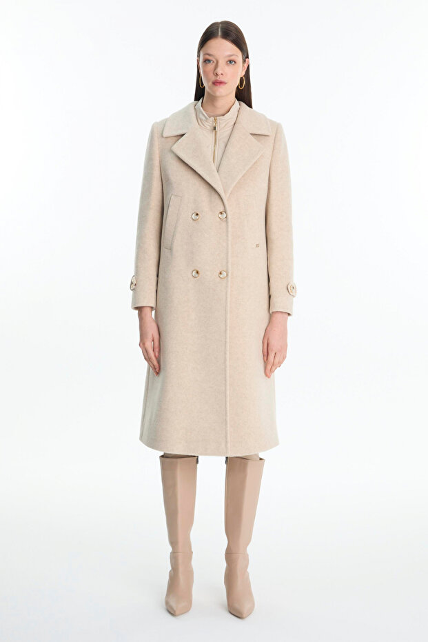Double-Breasted Collar Quilted Detailed Beige Coat 13840