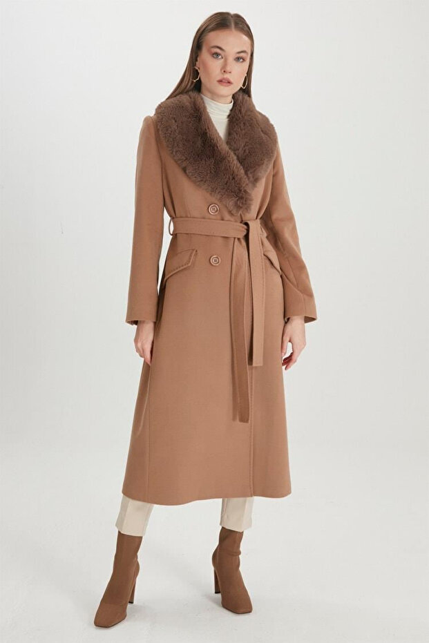 Collar Fur Detailed Mantle Brown Coat 12358