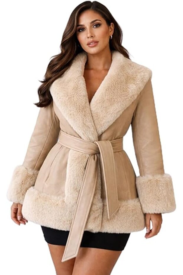 Women’s Luxury Faux Fur Belted Coat – Made in Italy – Elegant Winter Jacket