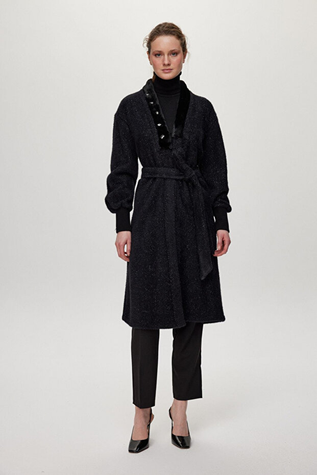Shawl Collar Stone Detailed Black/Silver Cardigan 0029