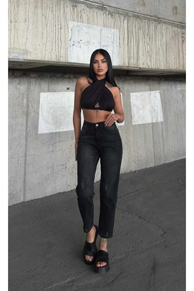 High-Waist Black Embellished Full-Cut Laser-Distressed Mom Jeans