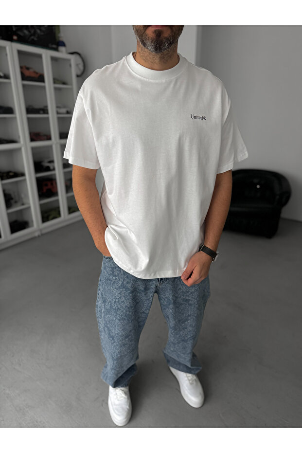 Beyaz United Baskılı Oversize T-Shirt C-009 - 4