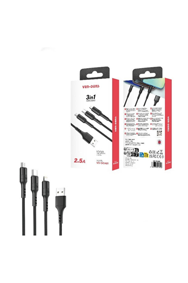 3-in-1 Fast Charging & Data Transfer Cable 2.5A, USB to Type-C / Micro / Lightning